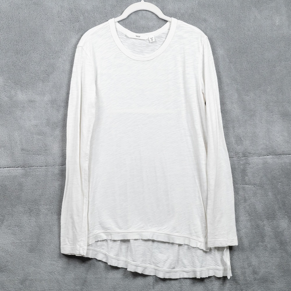 WILT Asymmetrical Ruffle Hem Slub Knit Long Sleeve Top White Lagenlook Sz S